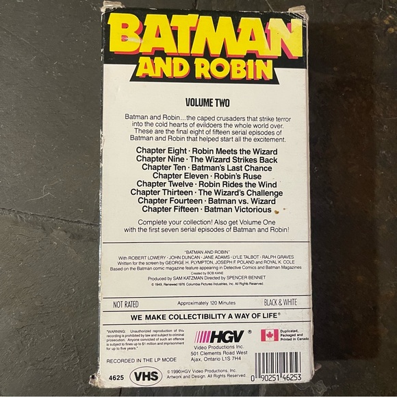 Batman and Robin Volume 2 VHS 1989 B&W 1940s Series - Picture 2 of 3